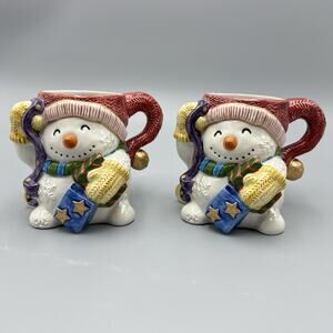 2 VTG Fitz & Floyd Frosty Folks Mug Snowman 90s Christmas Coffee Cup Ceramic Set